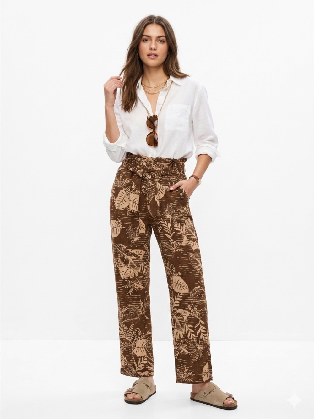 Urban Outfitters Pants LinenViscose Blend Tropical Leaf Paperbag Brown Cream XS